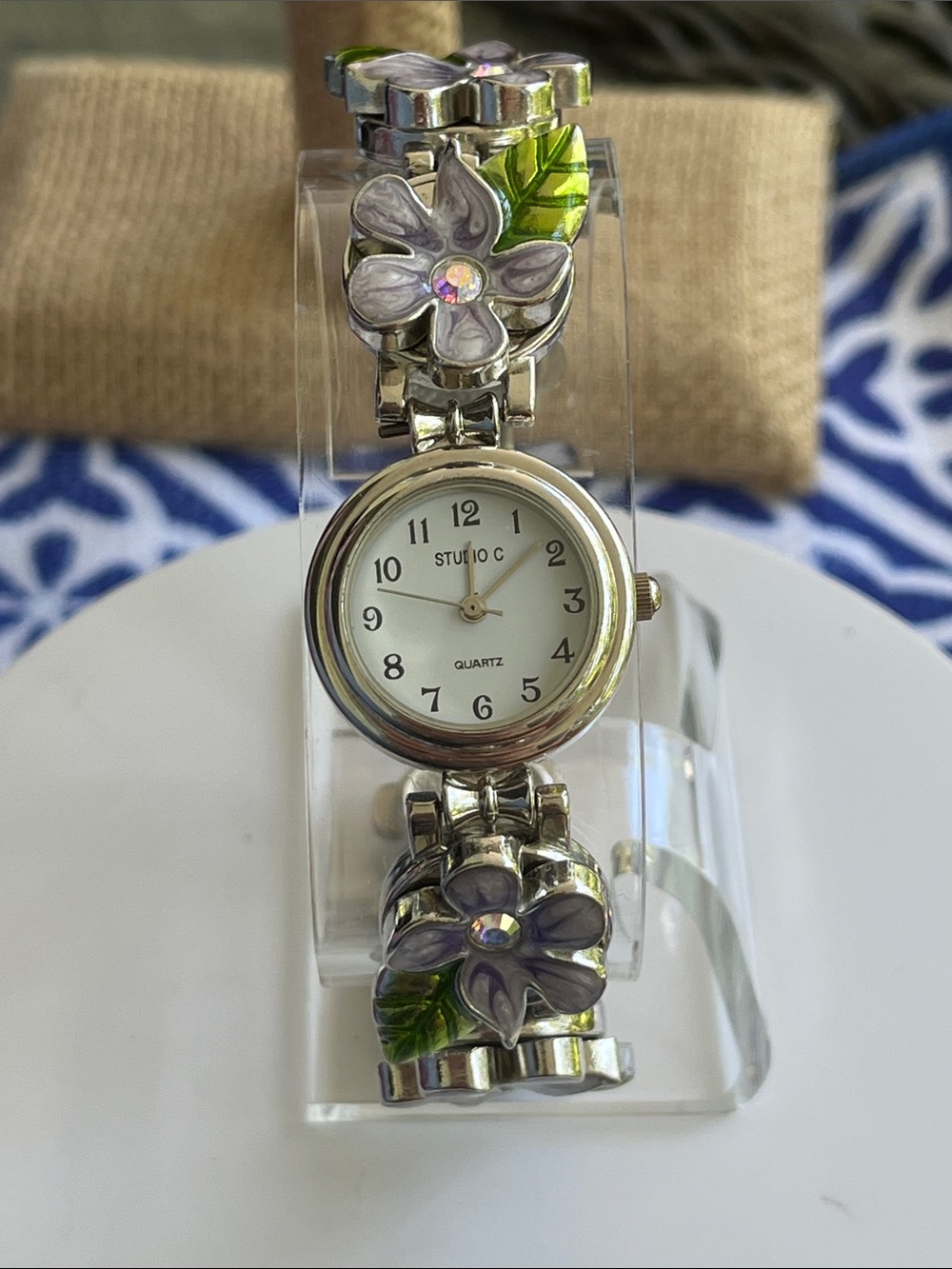 Studio C Silver Floral Bracelet Watch with Purple and Green Accents New Battery